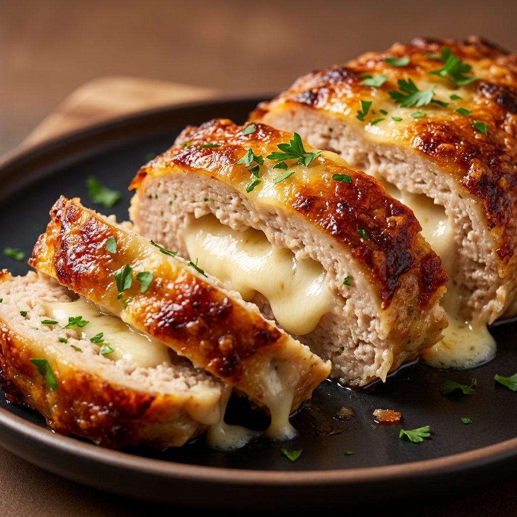 Baked Parmesan Chicken Meatloaf with a crispy cheese crust and marinara glaze