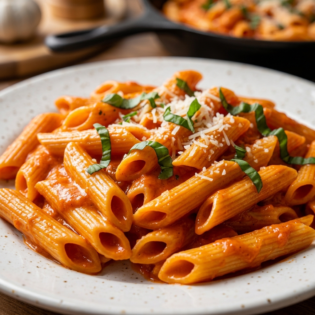 Plate of creamy penne pasta topped with parsley