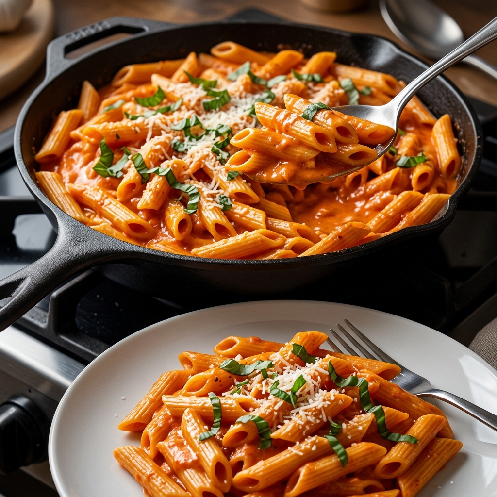 Creamy penne pasta served hot