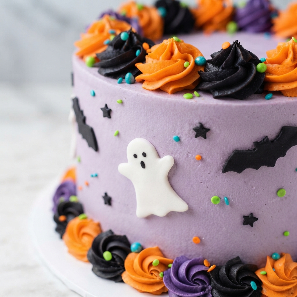 Finished Spooky Ghost Bat Cake on a dark platter with silver dust