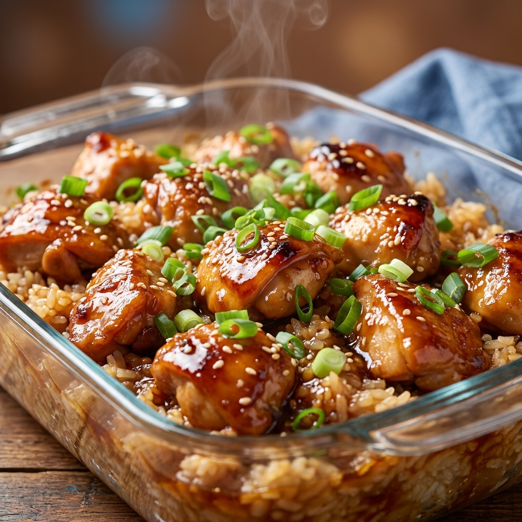 Scoop of baked teriyaki chicken casserole over steamed rice, with a side of steamed edamame, in natural window light.