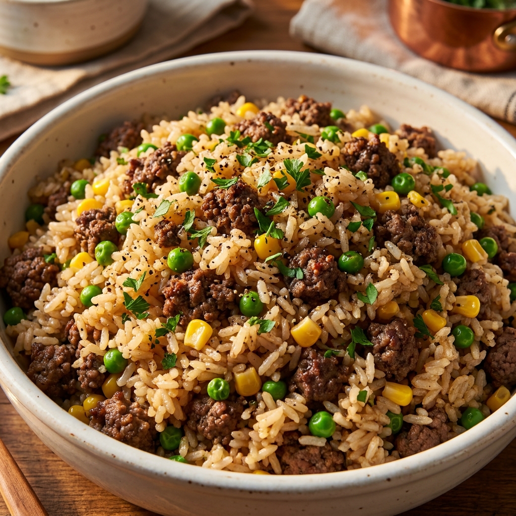 A bowl of ground beef dirty rice topped with green onions