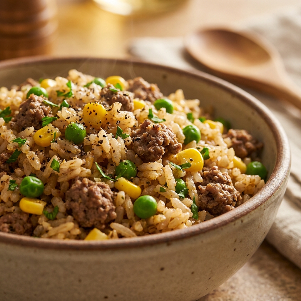 Stirring ground beef dirty rice in a skillet