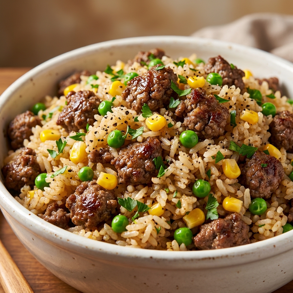 Finished ground beef dirty rice served on a platter