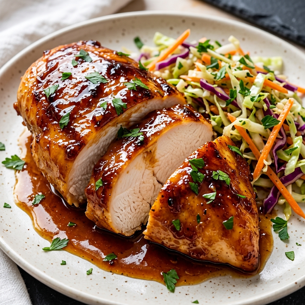 Sticky Apple Cider Chicken with golden glaze and crisp autumn slaw